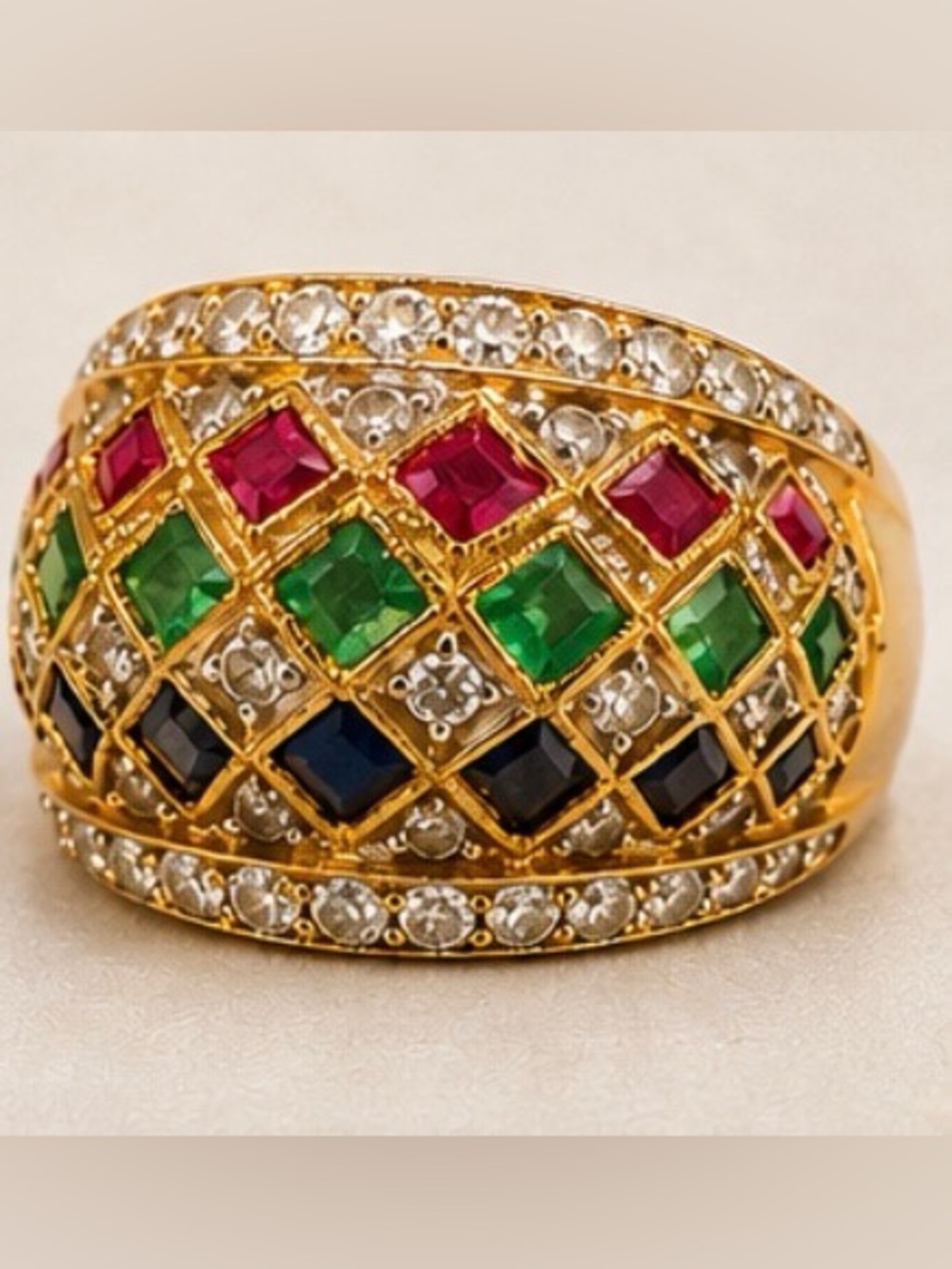 LeVian 18K Yellow Gold Diamond Ruby Emerald Sapphire Dome Ring Size 6